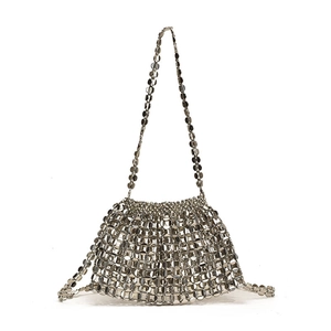 Minimalist silver sequin woven chain shoulder bag with metallic mesh texture for women