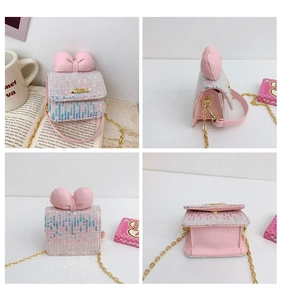 Detailed four-view layout of a pink tweed mini crossbody bag with a large bow and gold chain