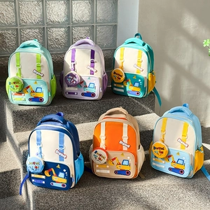 Kids Backpack Oxford Fabric Cartoon Excavator Digger School Bag Contrast Color Boys Girls With Circular Hanging Purse
