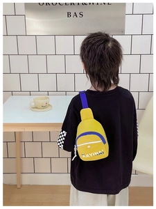 Rear view of a child wearing a yellow and blue sporty crossbody bag with letter print