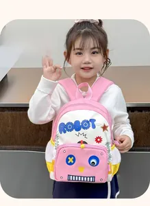 Pink robot backpack for kids featuring side mesh pockets and adjustable straps
