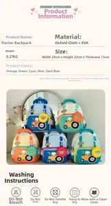 Detailed size chart and washing guide for tractor theme children backpack in five colors