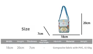 Size chart showing height 20cm and width 18cm for kids crossbody bag with adjustable strap