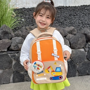 Kids orange excavator backpack for kindergarten with cartoon embroidery and large capacity