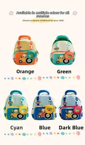 Detailed grid of cartoon tractor backpacks for kids available in five vibrant colors