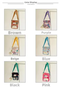 Detailed display of heart pattern canvas crossbody bags with plush cloud charms in six colors