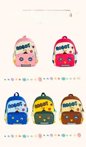 Multiple views of cute robot backpacks in pink, rose red, blue, green, and brown colors