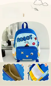 Detail of blue robot backpack with side mesh pocket and spacious interior storage