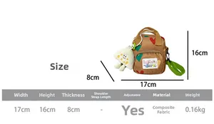 Detailed size chart of kids crossbody bag with heart prints and adjustable strap specs