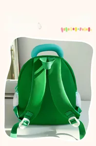 Detail view of the padded breathable back panel and mesh side pockets on the green kids backpack