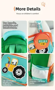 Detail showing portable handle, detachable coin purse, and mesh pocket of kids backpack