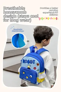 Detail view of honeycomb breathable shoulder straps on a blue robot kids backpack