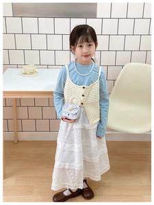 Détail du haut bleu et gilet en tricot pour fille avec jupe en dentelle et sac à chaîne