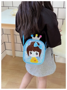 Detail of blue sequin crossbody bag with cute girl patch and crown decor for children