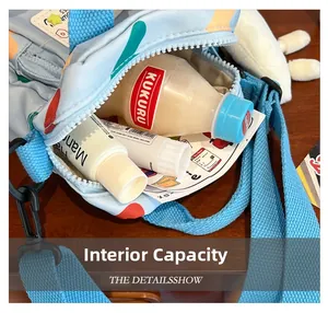 Detail view of children's blue crossbody bag internal capacity with heart dot pattern