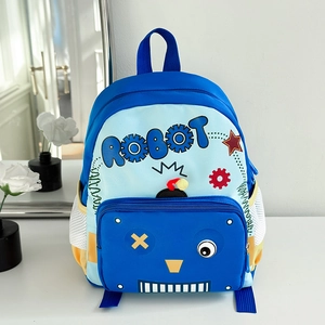 Close-up of cute cartoon robot backpack with blue mesh side pockets and robot printing