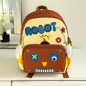 Close-up of cute cartoon robot backpack with yellow front pocket and mesh side pocket