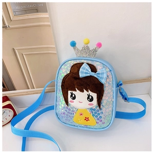 Detail of light blue sequin kids crossbody bag featuring cartoon patch and crown charm