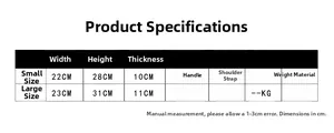 Size chart for children nylon backpacks showing small and large version dimensions