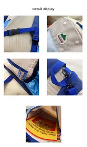 Detail view of breathable mesh padding and adjustable buckle on kids' color-block backpack