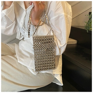 Vue détaillée du petit sac à perles argentées avec bandoulière sur le modèle