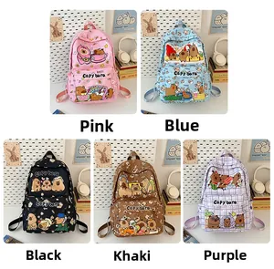 Detail showcasing five color options of Capybara printed backpacks for students