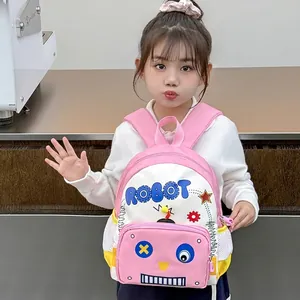 Pink robot cartoon preschool backpack for girls with artistic ROBOT text and gear patterns