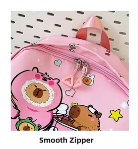 Close-up of smooth pink dual zippers and cartoon capybara prints on the backpack top