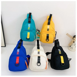 Group display of colorful nylon kids chest bags in blue, yellow, white, and black colors