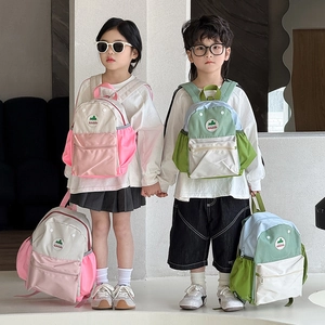 Kids color-block backpack with adjustable straps and front pocket for school and travel