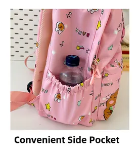 Detailed view of the convenient side pocket on a pink cartoon backpack with bottle