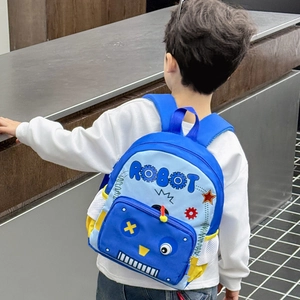 Toddler robot backpack in blue and yellow with 'ROBOT' text and cartoon face design