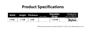 Size chart for car-shaped kids crossbody bag showing 19x11x5cm nylon material details