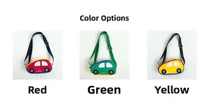 Detailed color options of car-shaped kids crossbody bags in red, green, and yellow hues