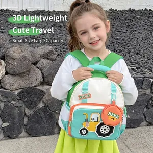 Cute cartoon tractor backpack for kids in green and orange, lightweight school bag design