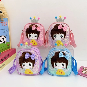Kids Crossbody Bag Sequin PU Leather Cartoon Girl Crown Adjustable Strap Cute Shoulder Purse For Little Girls