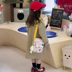 Japanese style children's cream canvas crossbody bag with colorful hearts and plush bunny