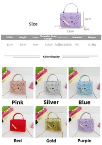 Size chart showing dimensions and six color options for the cartoon printed mini PU handbag
