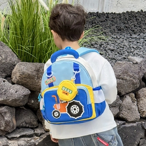 Cute cartoon tractor backpack for kids in blue and yellow with extra round coin purse