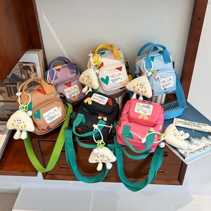Kids Heart Print Crossbody Bag Canvas Small Square Shoulder Purse With Adjustable Strap And Plush Pendant For Boys Girls