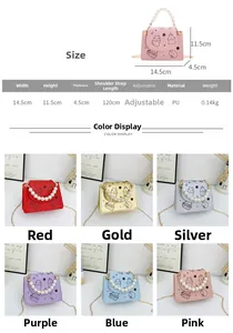 Size chart showing mini crossbody bags with pearl handles and cute cartoon prints