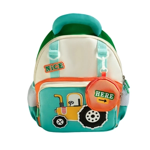 Cute kids tractor backpack with orange contrast and nice lettering on blue background