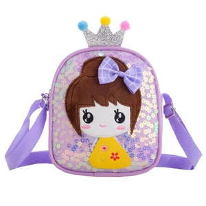 Sparkly purple sequin crossbody bag for girls with crown and cartoon embroidery