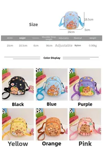 Detailed size chart and multi-color options for the cute cartoon bear nylon crossbody bag