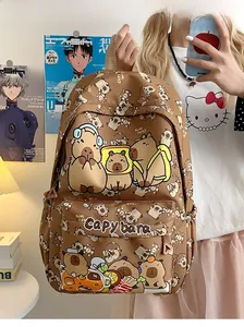 Close-up of brown canvas backpack featuring cute cartoon Capybara prints and side mesh pocket