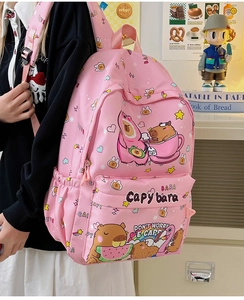 Pink Capybara backpack detail showing cute cartoon print and durable polyester fabric