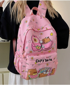 Pink Capybara cartoon backpack for students with large capacity and durable nylon material