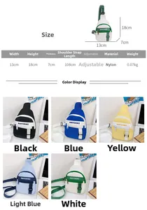 Size chart and dimensions for the nylon crossbody bag showing adjustable strap length