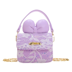 Mini purple girls' crossbody bag with lace flower pattern and a large sweet bow