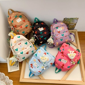 Sac À Dos Enfants Imprimé Cœur Nylon Cartable Pour Tout-Petits Garçons Filles Avec Pendentif En Peluche Style Doux